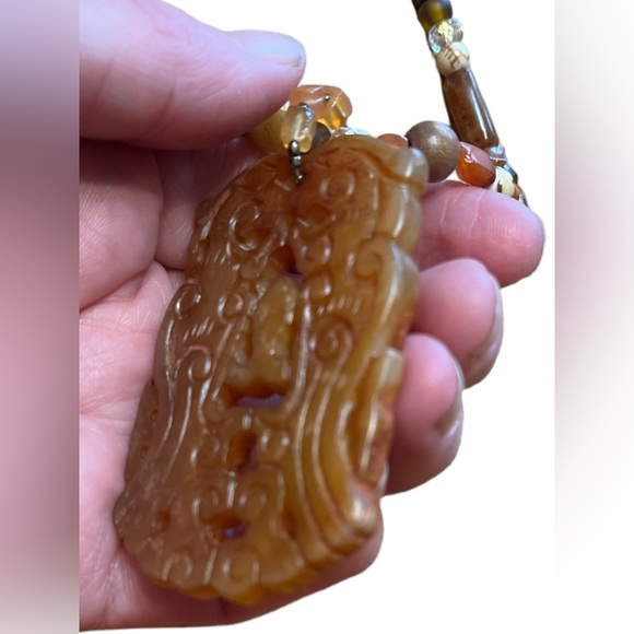 Carved Brown Jade Pendant Necklace - Picture 3 of 6